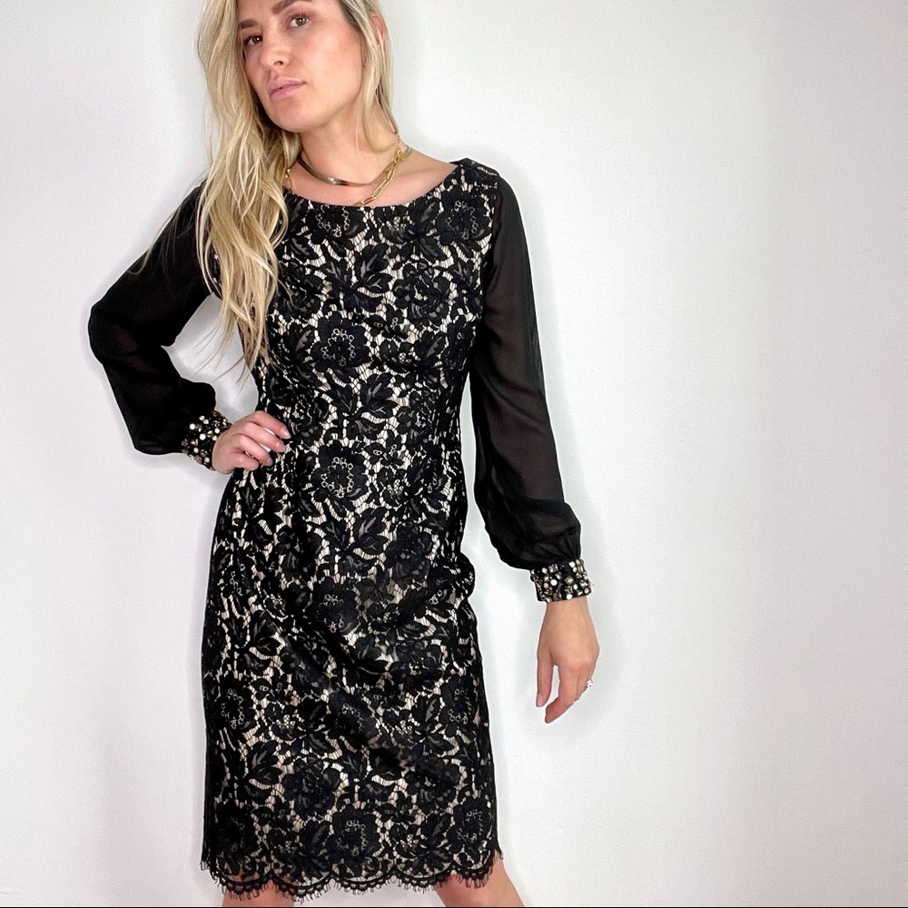 Eliza J Black & Cream Lace Mesh Long Sleeve Dress Size 8